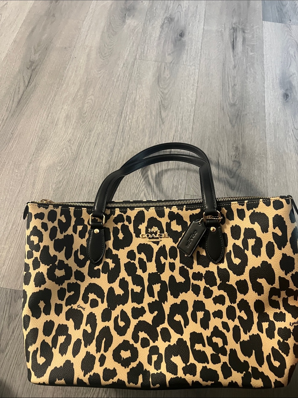 Coach Leopard Print Tote in Black and Tan